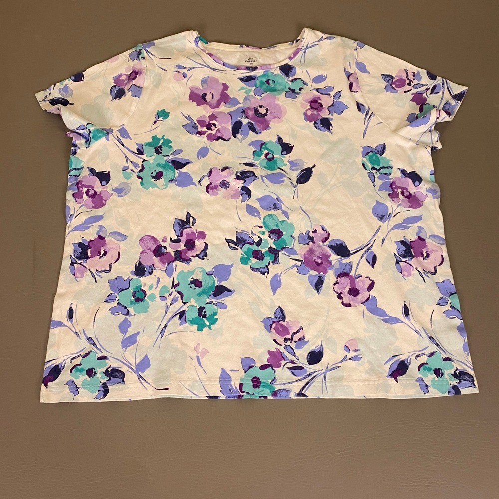 The Classic Tee T-Shirt Women's 2X White Purple Teal Floral Cotton‎ Short Sleeve